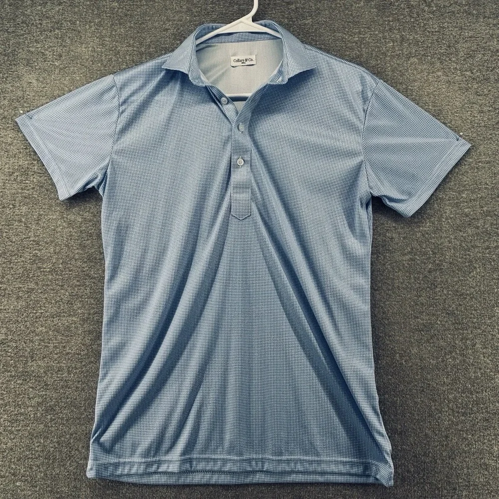 Collars & Co. Golf Polo Shirt Men Size Small Light Blue Gingham Short Sleeve